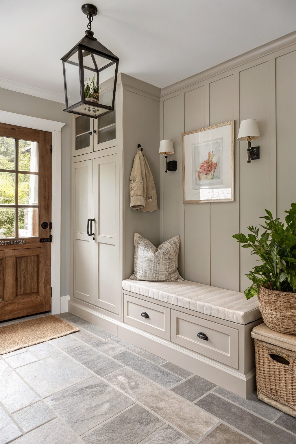Light greige walls and built-in bench in a farmhouse entryway.