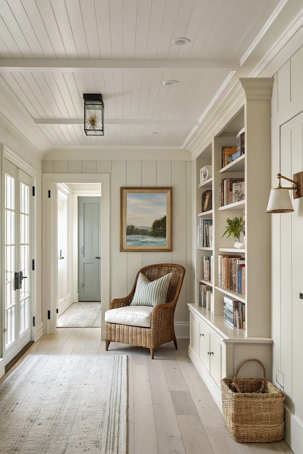 Light greige walls in a farmhouse style entryway with white trim and built-in shelving.