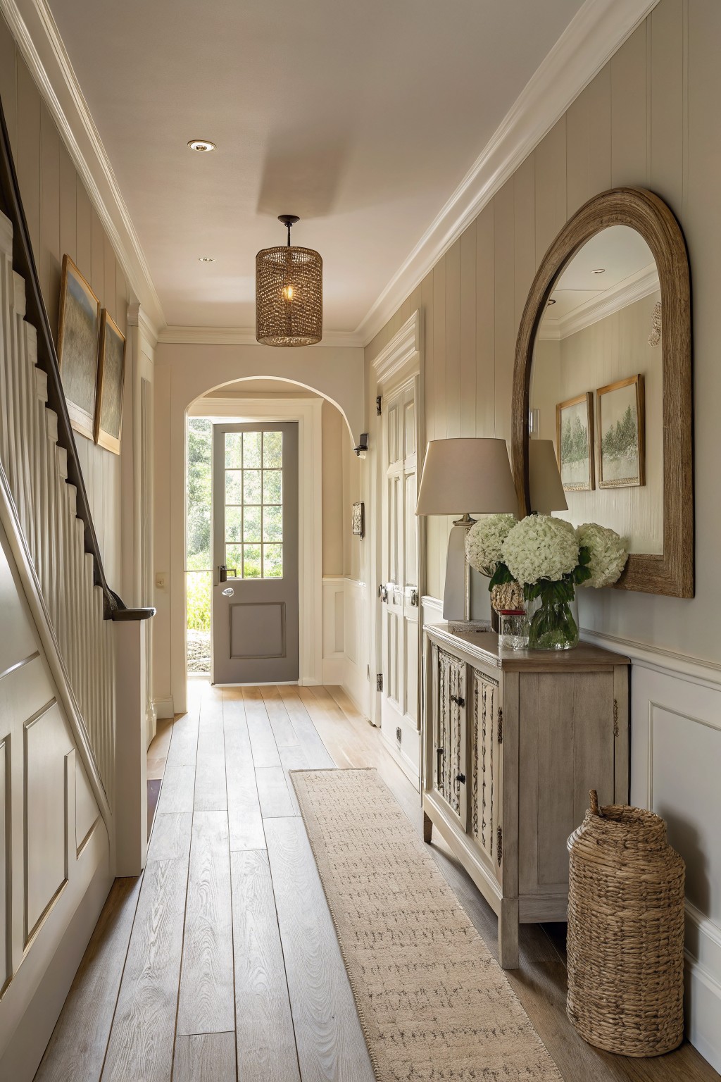 A light greige painted hallway with white trim and wood flooring.