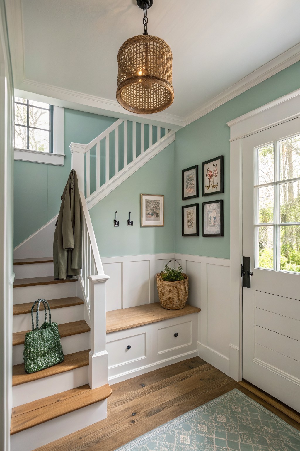 Light sage green walls with white wainscoting in a farmhouse entryway.