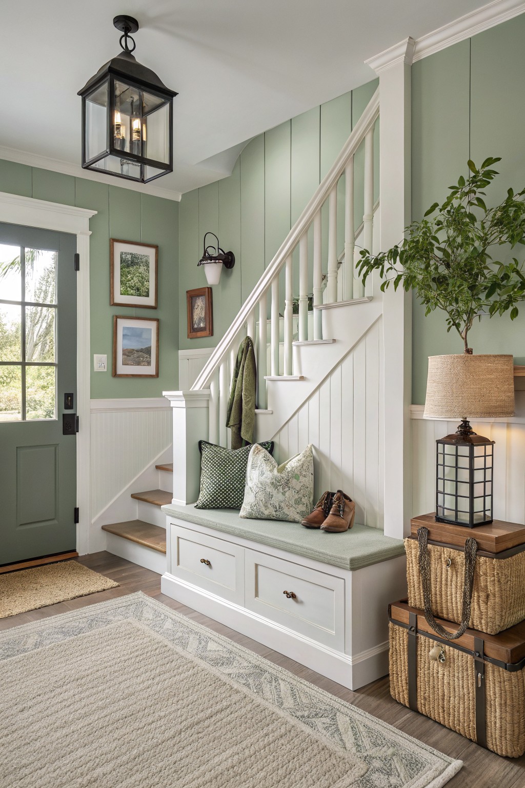 Soft sage green walls in a bright farmhouse entryway with white trim and stairs.
