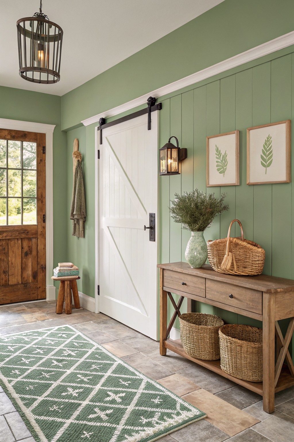 Sage green walls with white trim in a farmhouse entryway.