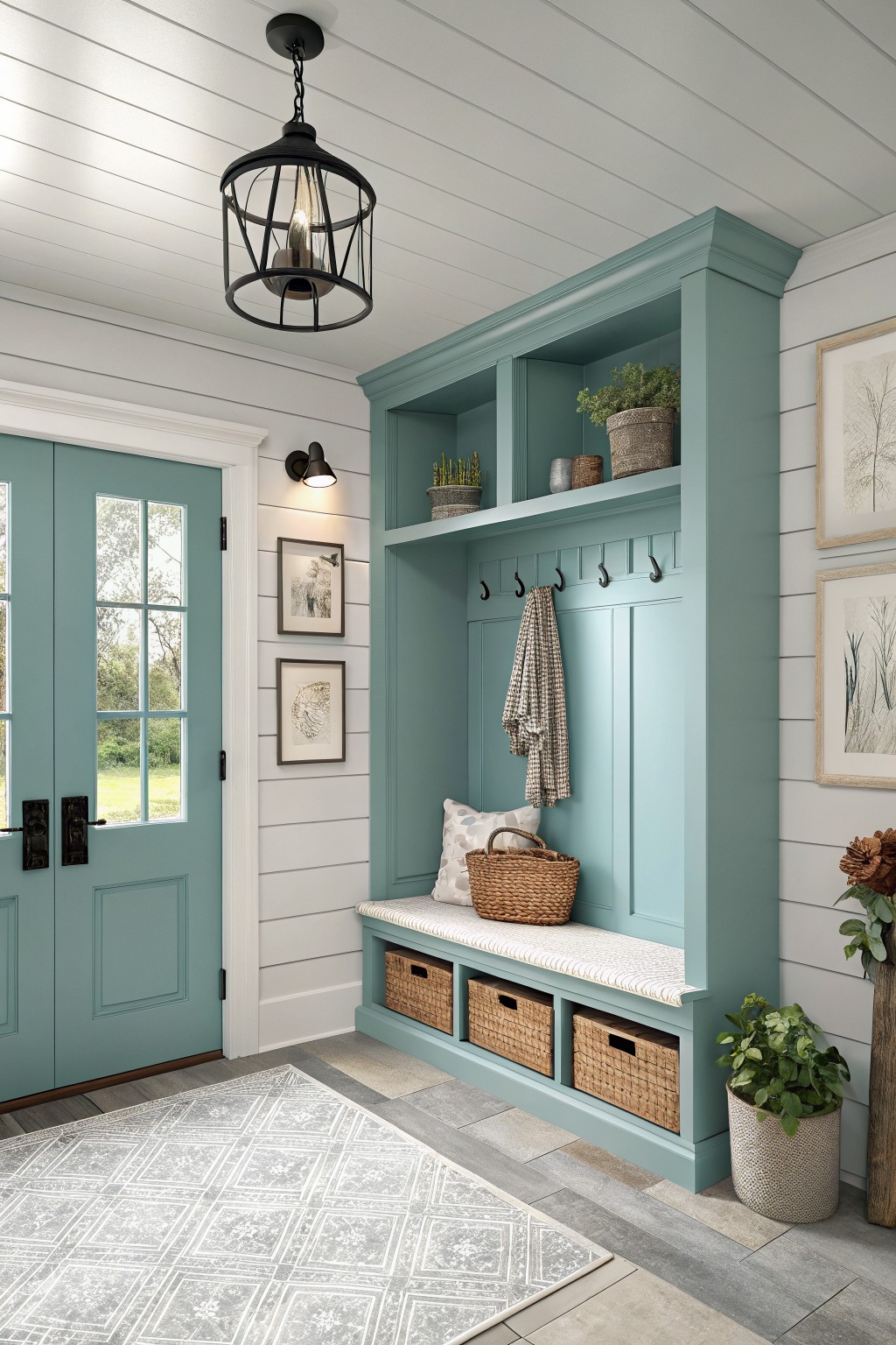 Teal built-in mudroom bench with woven baskets, hooks, shelves, and pendant light