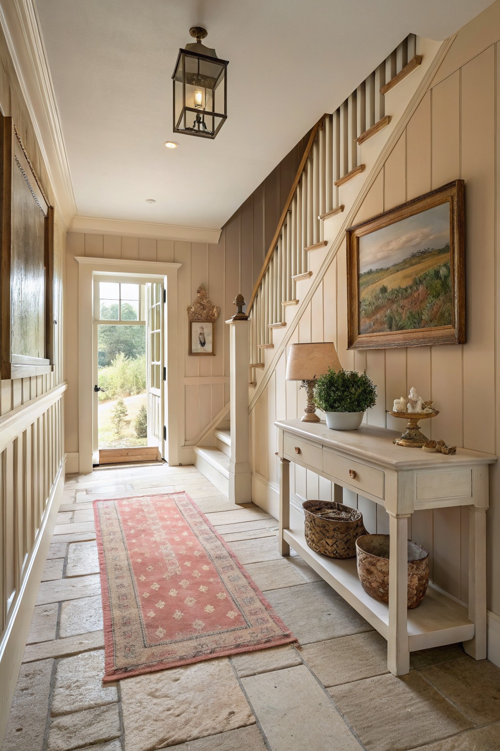 A farmhouse entryway with soft greige walls and a stone floor.