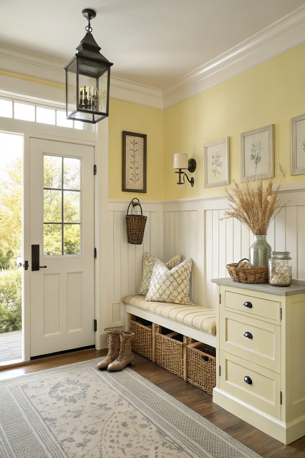 Pale yellow walls with white wainscoting in a farmhouse entryway.