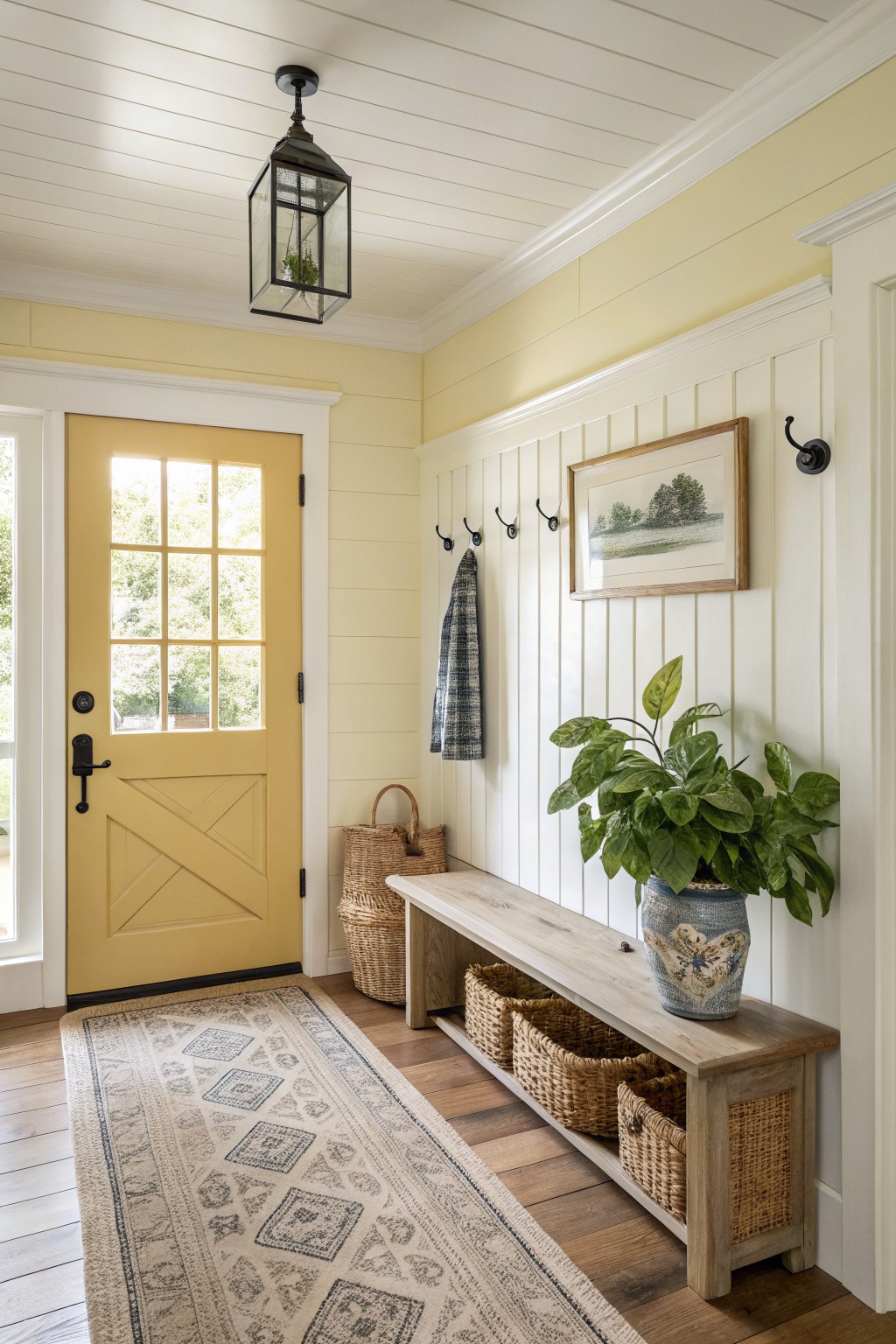 Pale yellow walls in a farmhouse style entryway with white trim and a wooden bench.