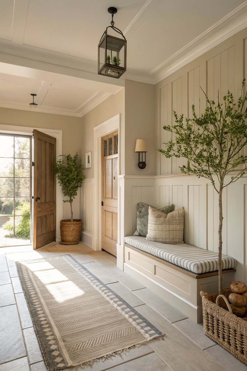 Farmhouse entry with soft greige walls and white wainscoting.