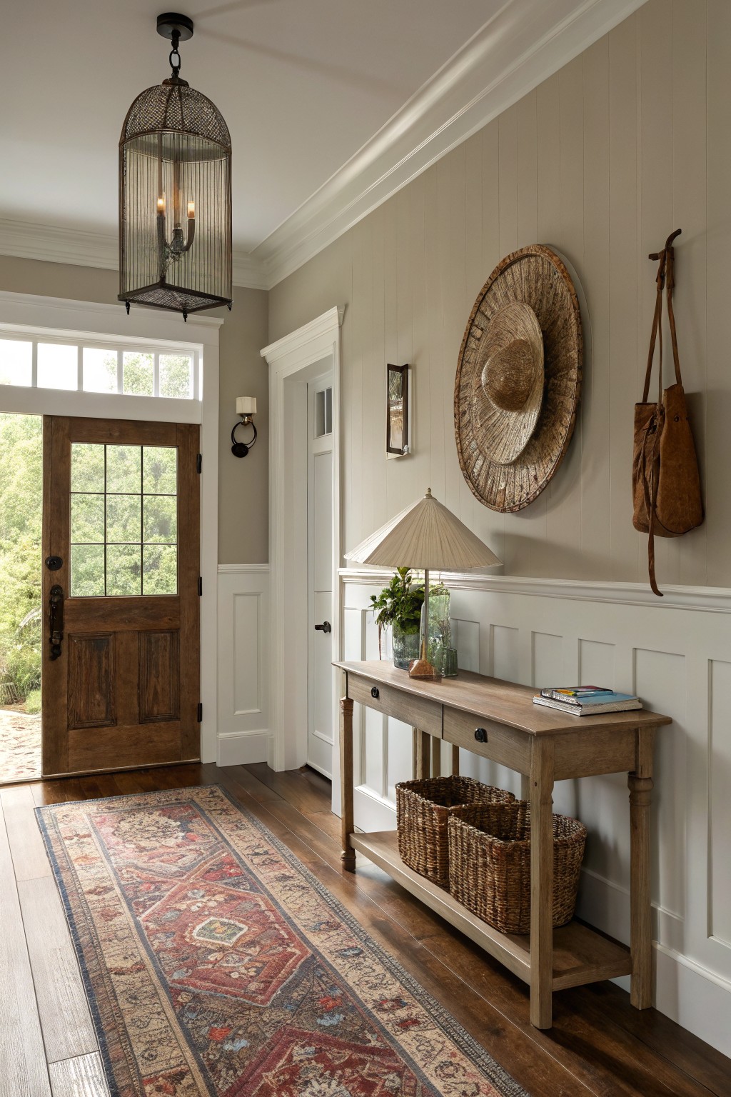 Light greige walls in a farmhouse style entryway with white trim and wood flooring.