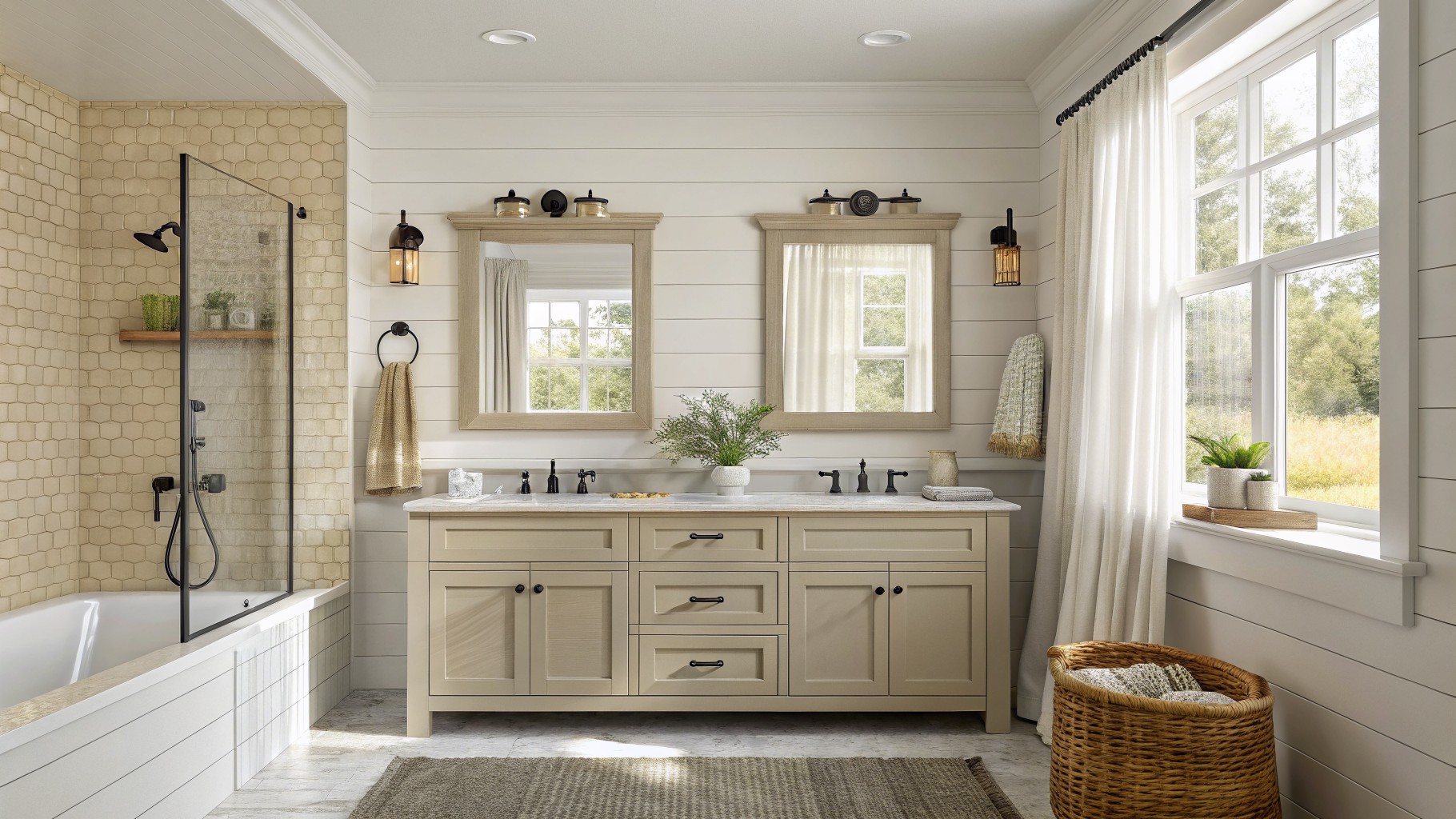 A bathroom vanity painted in soft greige with white walls and marble counters.