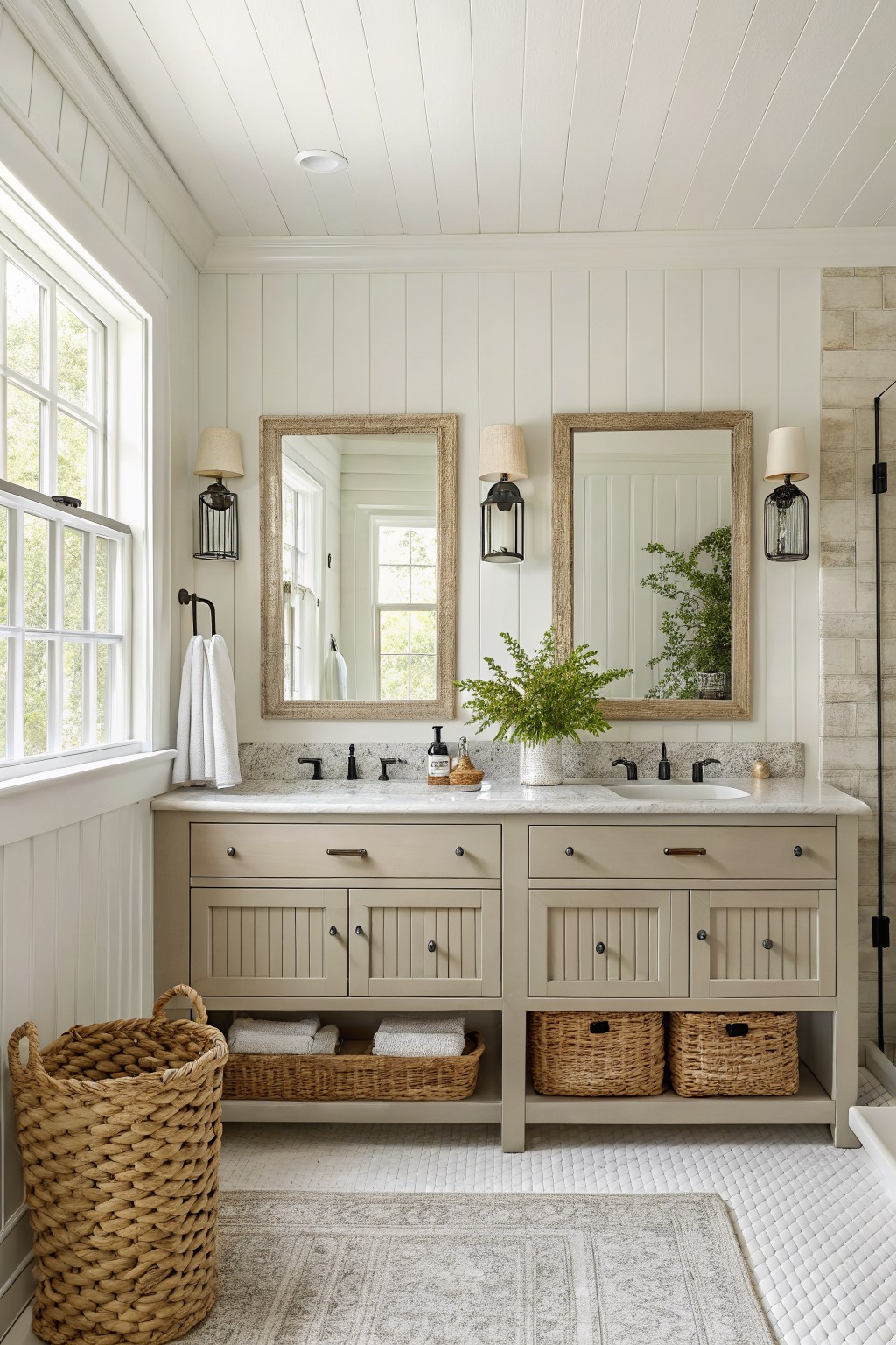A bathroom vanity painted in soft greige with white walls and marble counters.