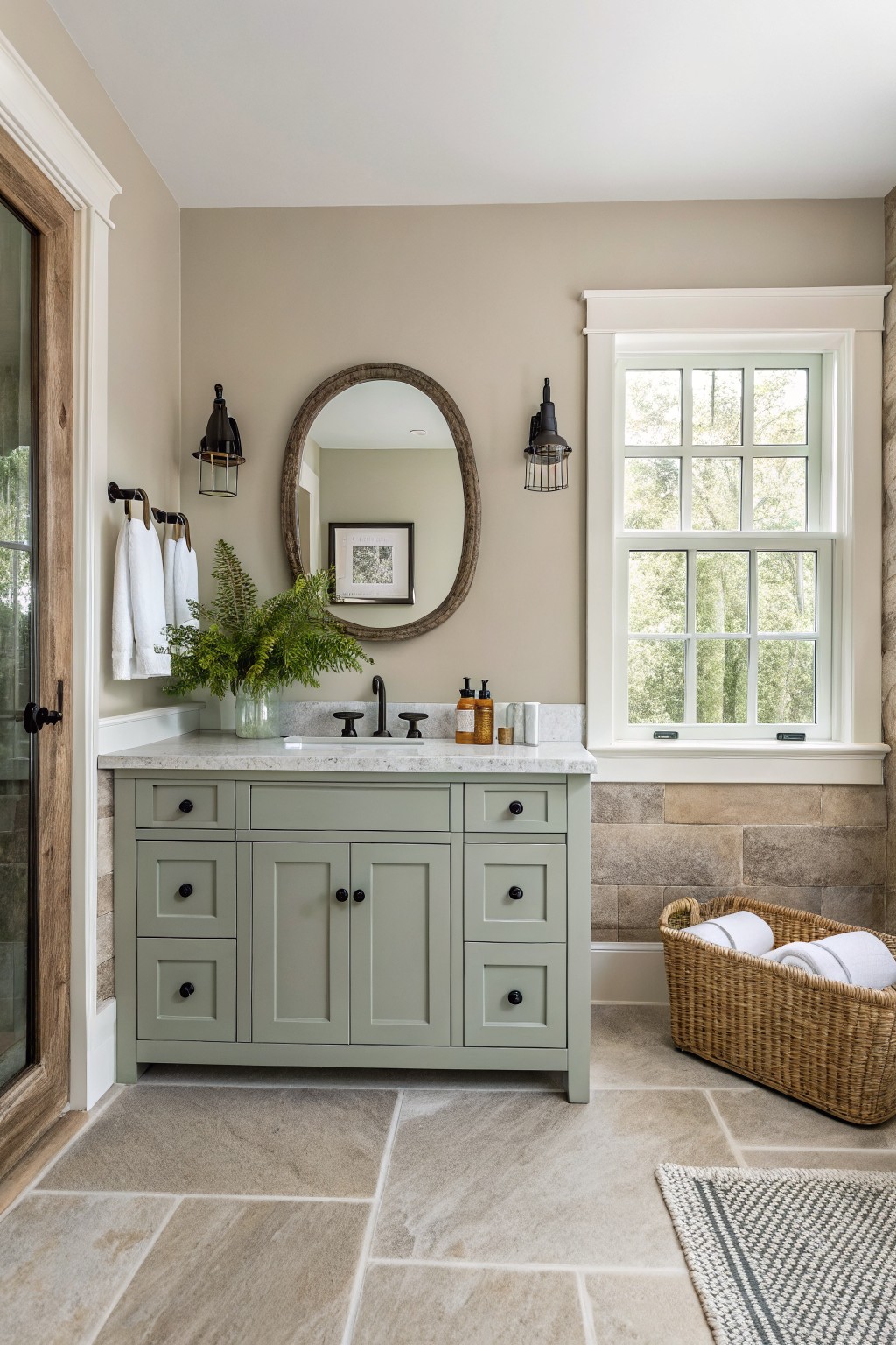 Sage green vanity with marble top, round mirror, sconces, and window in bathroom