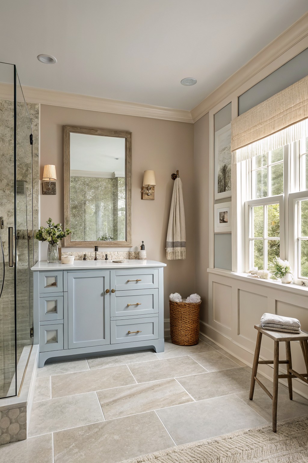 Light blue vanity with white countertop in bright modern bathroom with window