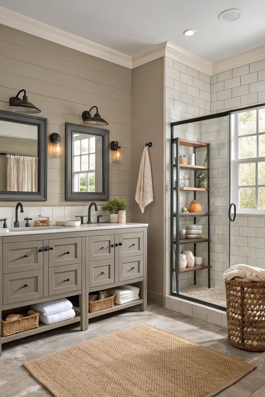 A bathroom with soft greige walls and a painted vanity.