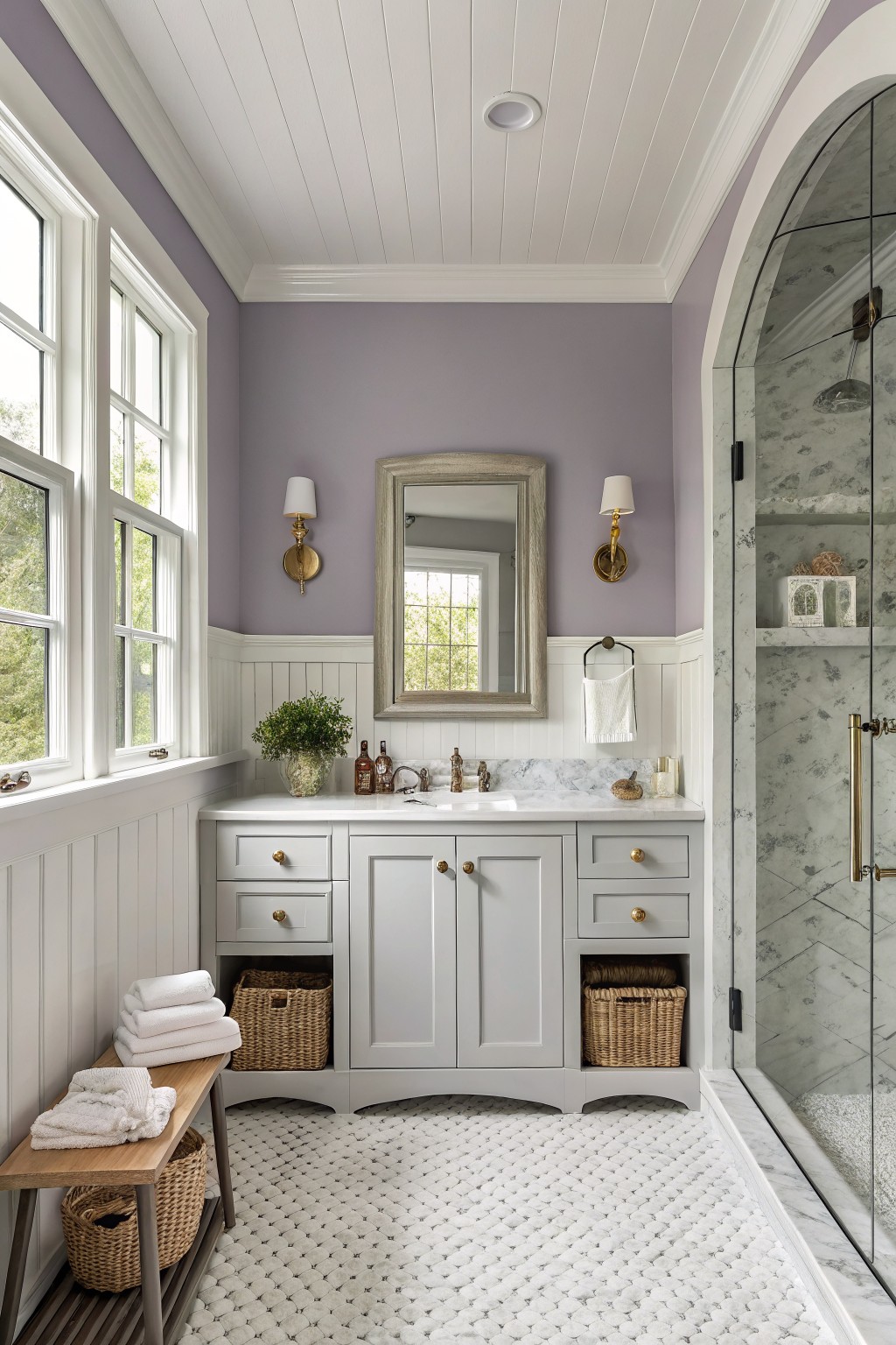 Pale lavender gray walls in a bathroom with white wainscoting and a marble vanity.