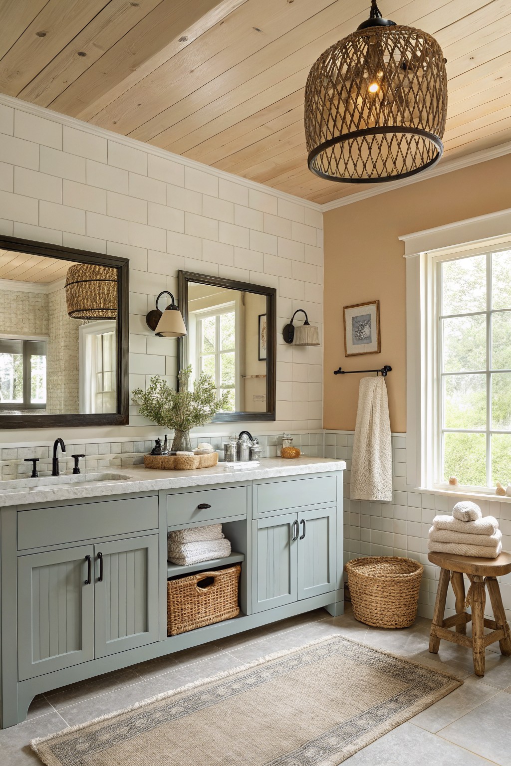 Bathroom vanity cabinets painted in a soft sage green with white tile walls and wood ceiling.