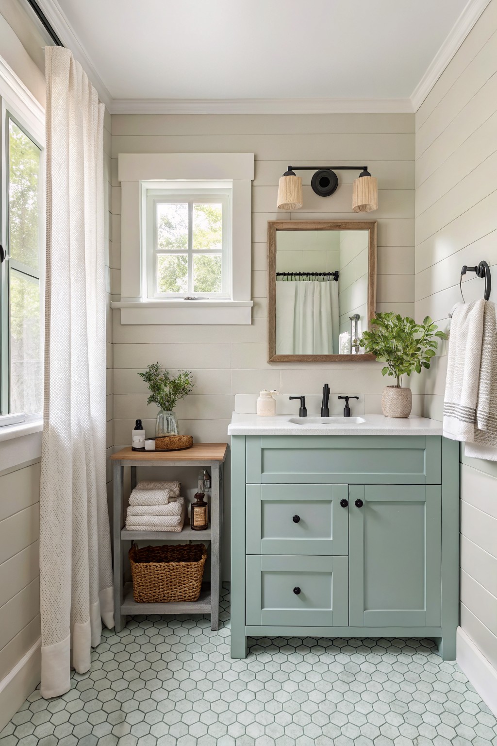 A farmhouse bathroom vanity painted in soft sage green with white top and black fixtures.