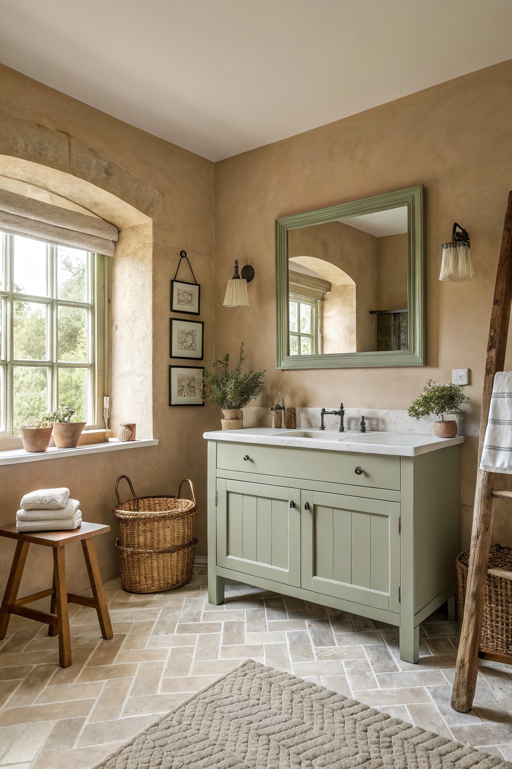 A bathroom vanity painted in soft sage green with a marble top and dark fixtures.