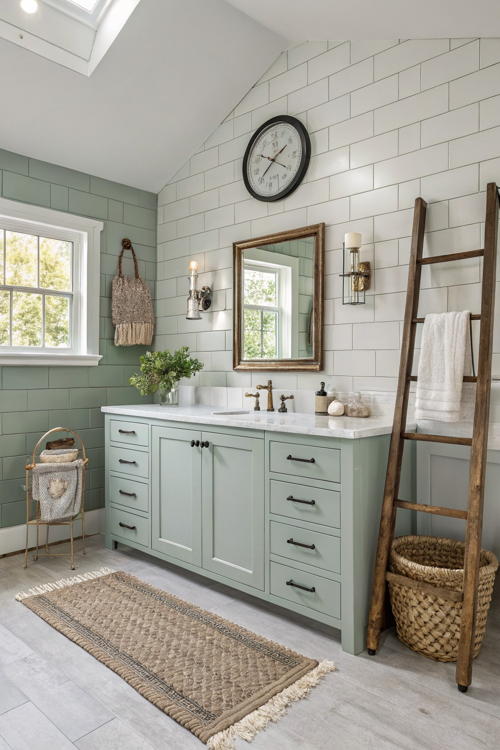 A bathroom vanity painted soft sage green sits below white subway tile walls.