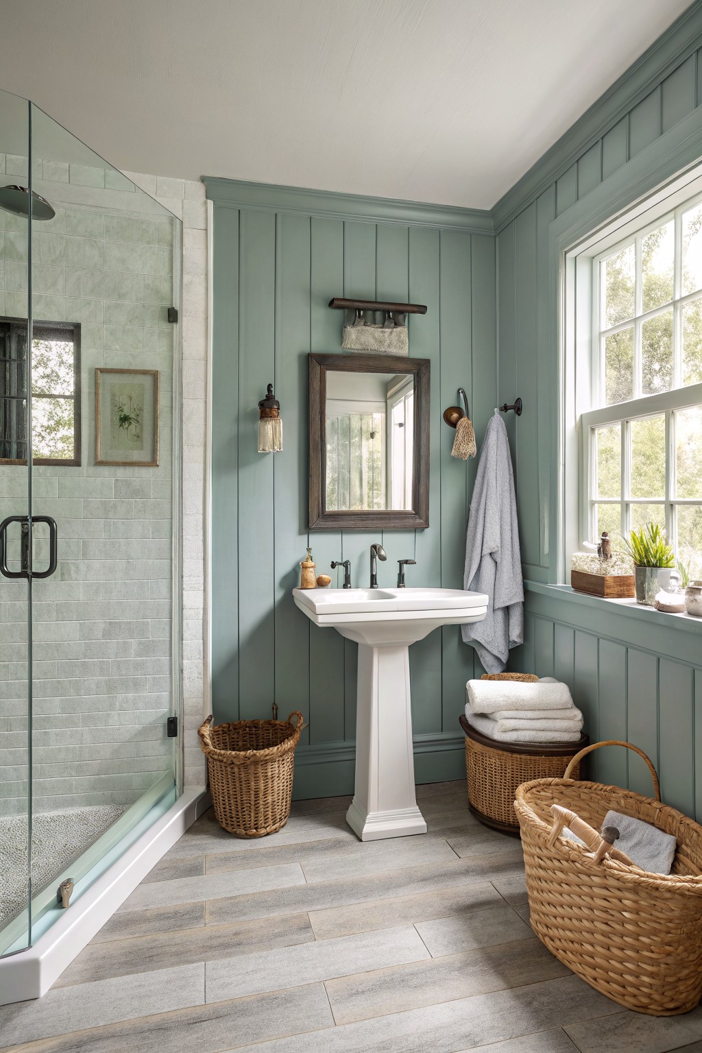 Bathroom walls painted in a soft sage green with white trim and a pedestal sink.
