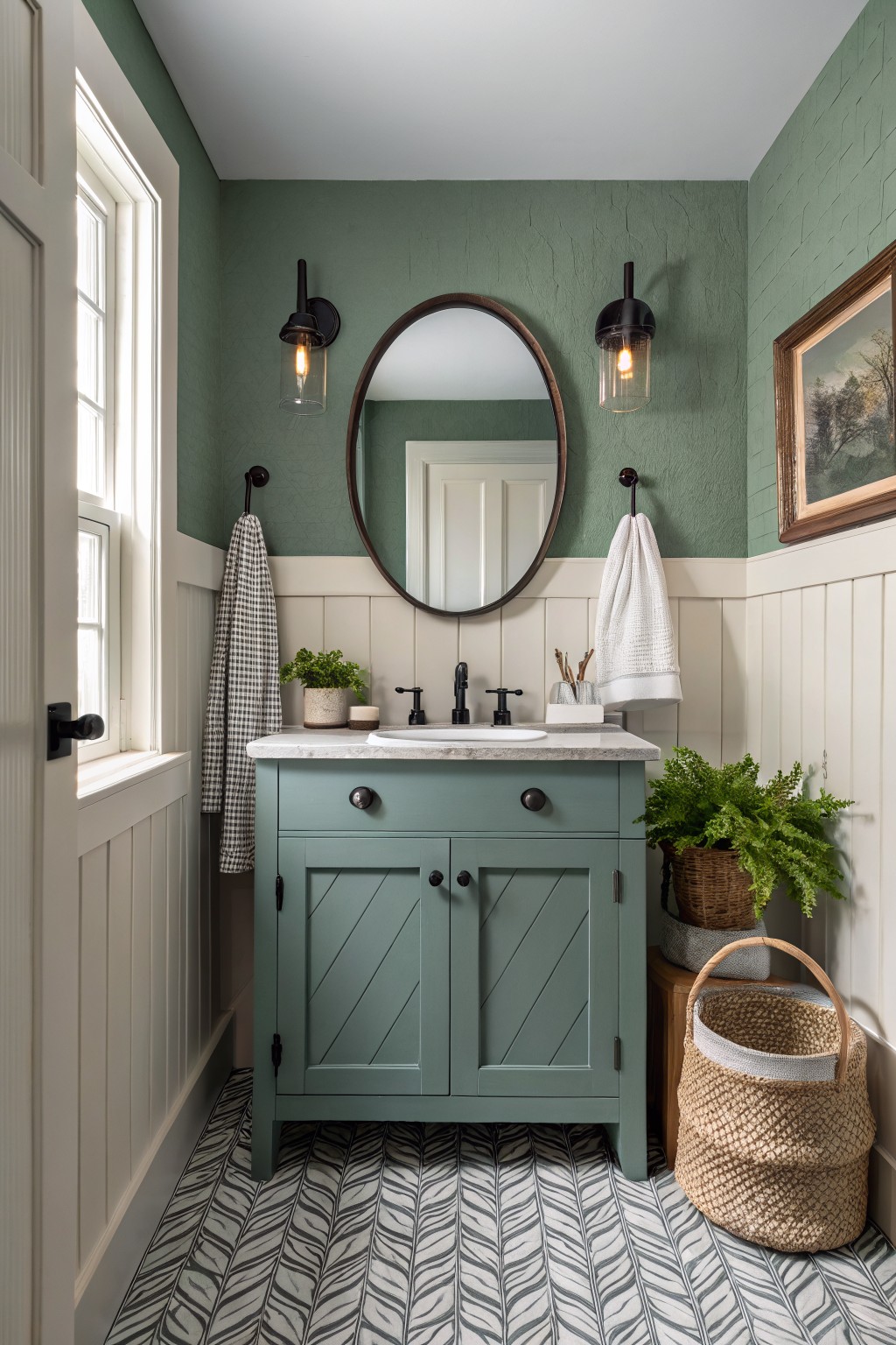 A bathroom featuring soft sage green walls and a matching vanity.