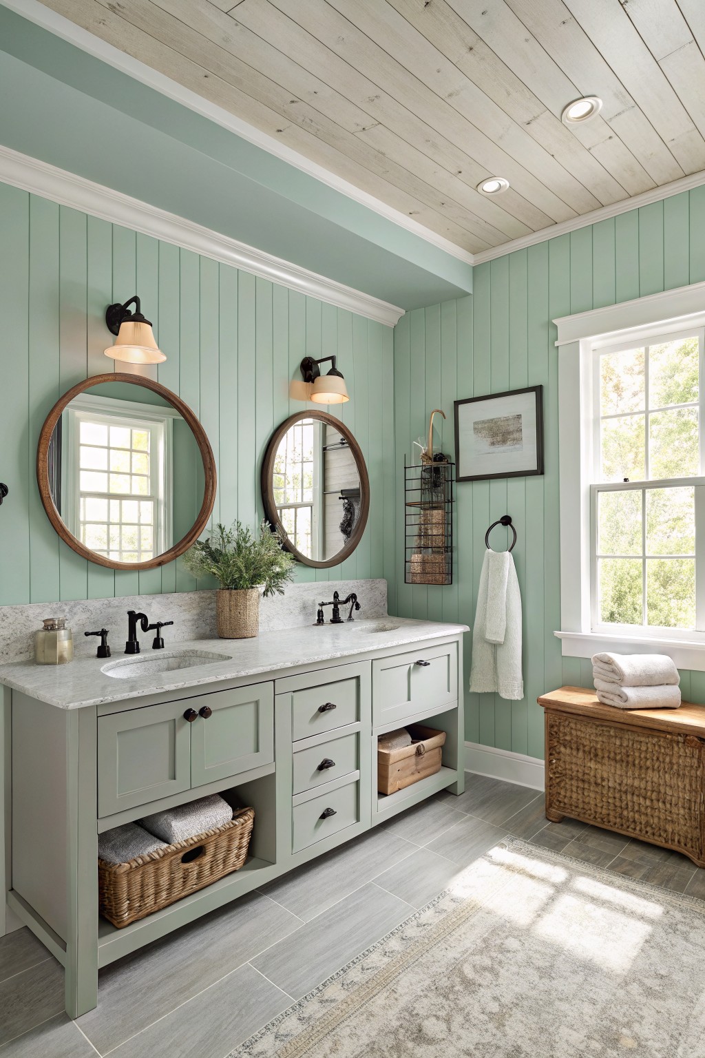 A bathroom with soft sage green walls and matching painted vanity.