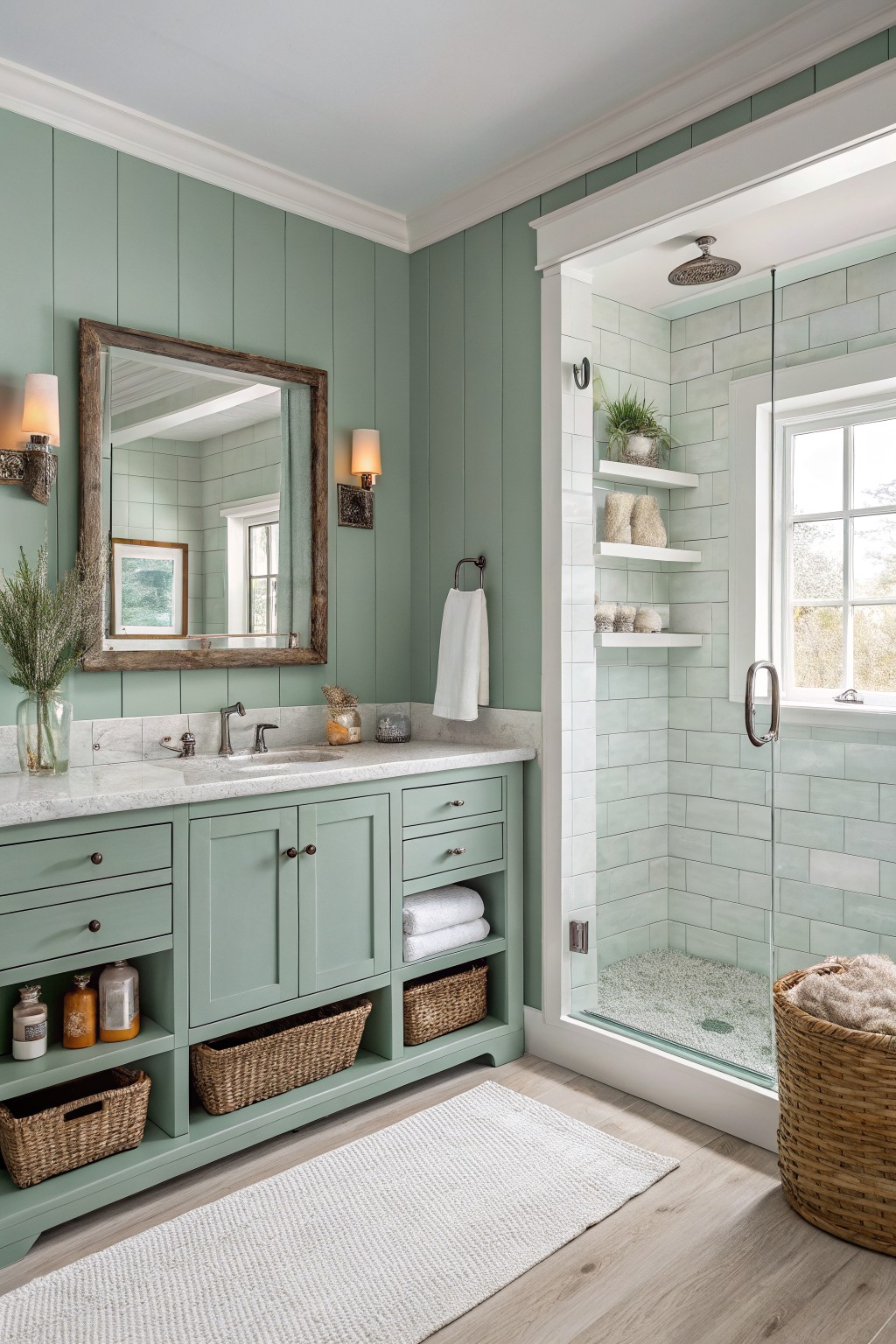 A bathroom with soft sage green walls and matching vanity cabinets.