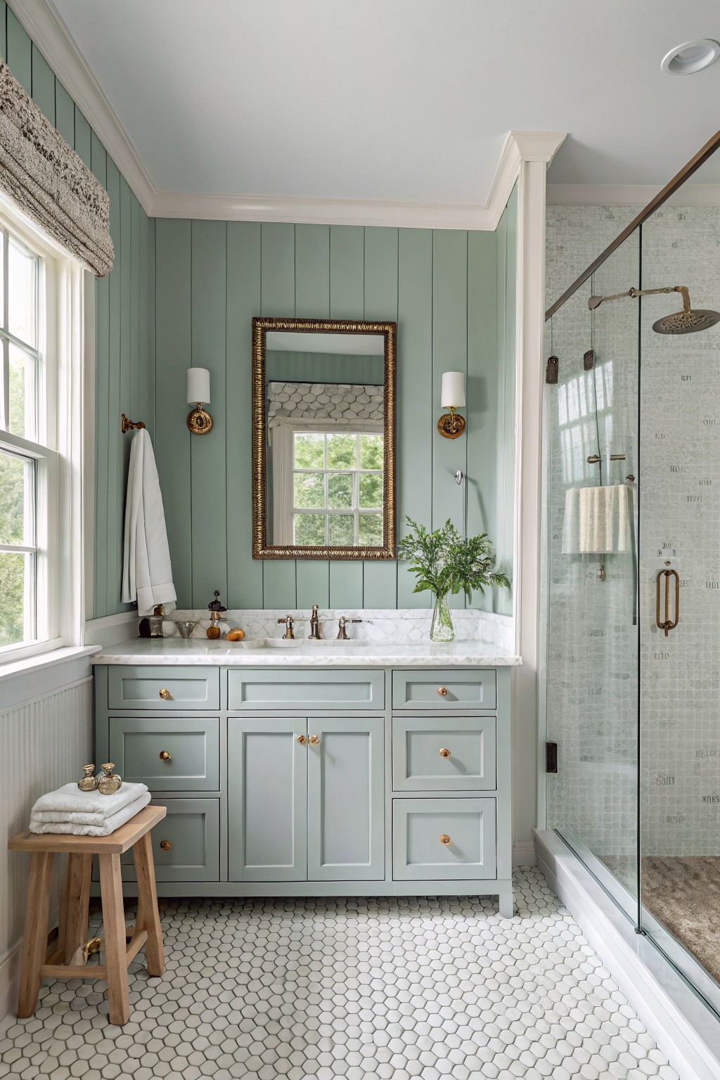A bathroom featuring soft sage green walls and a matching painted vanity.