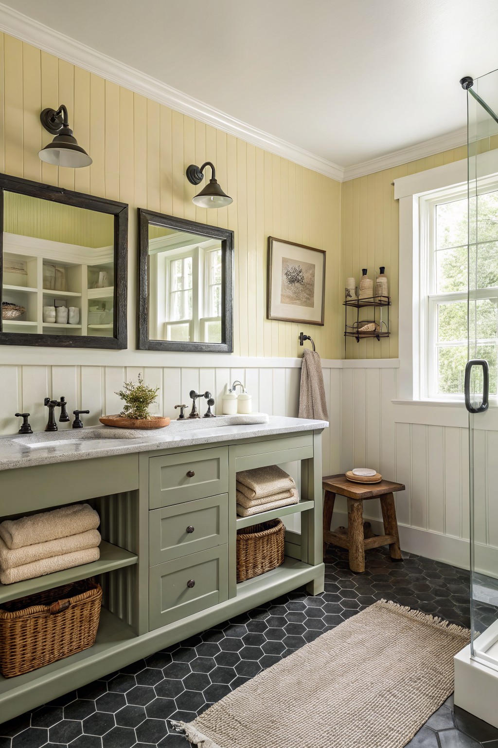 Soft sage green walls in a farmhouse bathroom with white wainscoting.