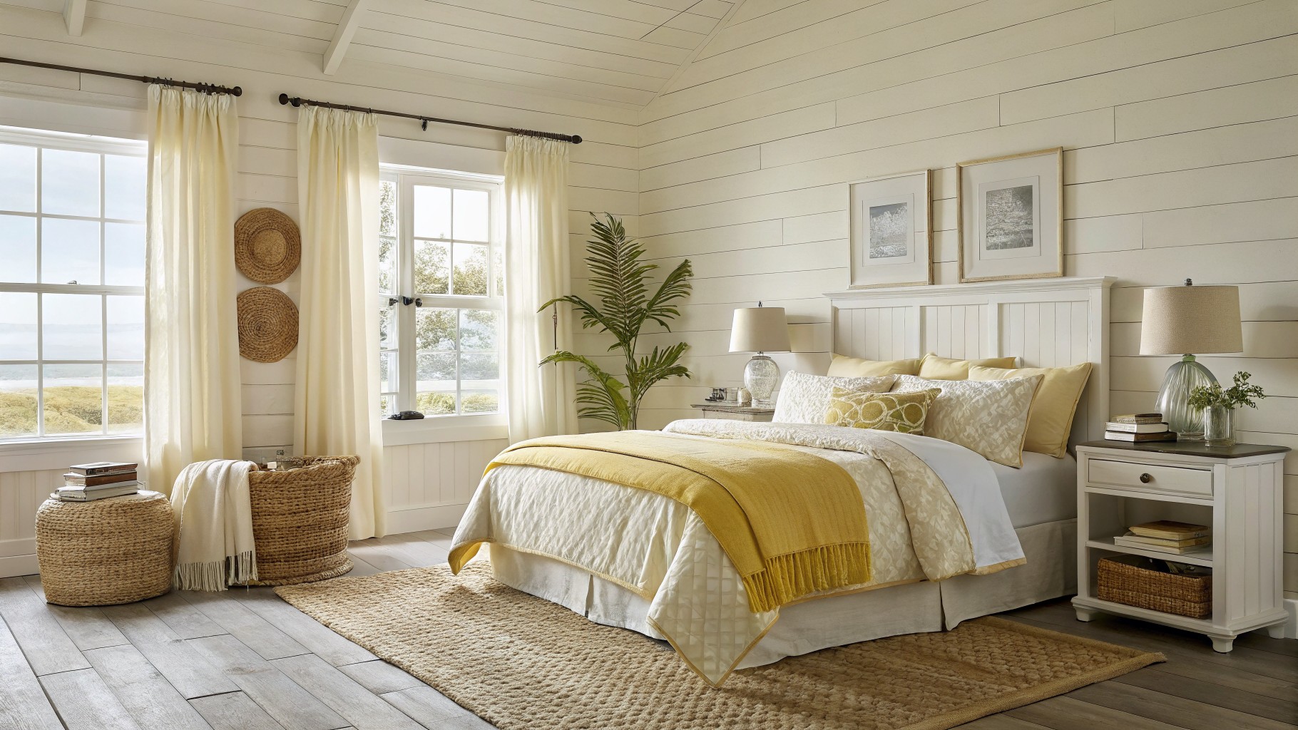 A bedroom with soft yellow walls and simple white bedding in a farmhouse style.