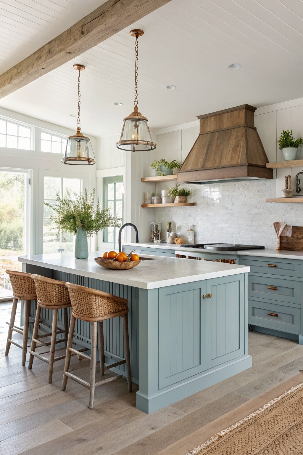 A kitchen with blue gray painted island and cabinets.