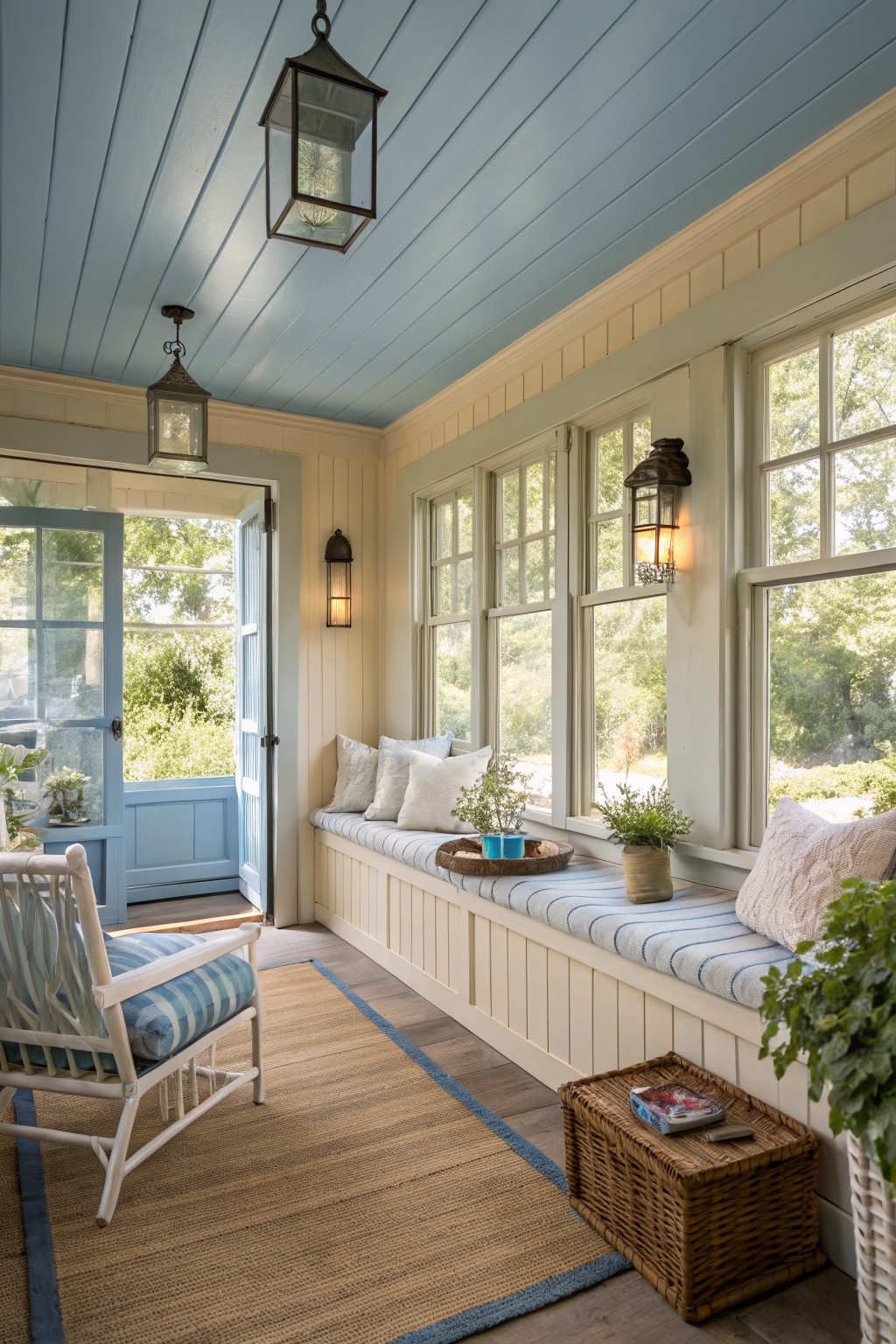 A soft blue ceiling in an enclosed porch with cream walls and large windows.