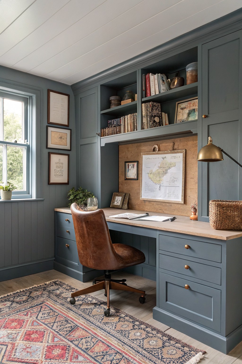 Built-in desk and shelves painted in a soft blue gray in a home office.