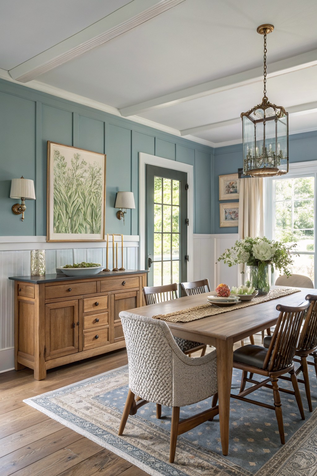 Blue-walled dining room with wooden table, mixed chairs, chandelier, and florals