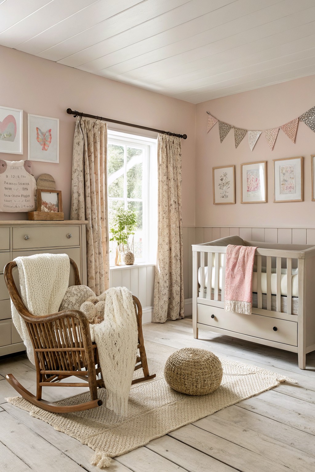A nursery with soft pink walls and white trim.