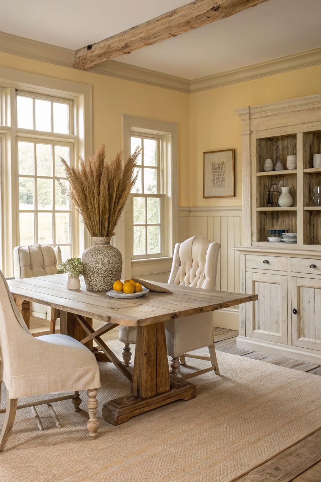 Soft yellow walls in a farmhouse dining room with a wooden table.
