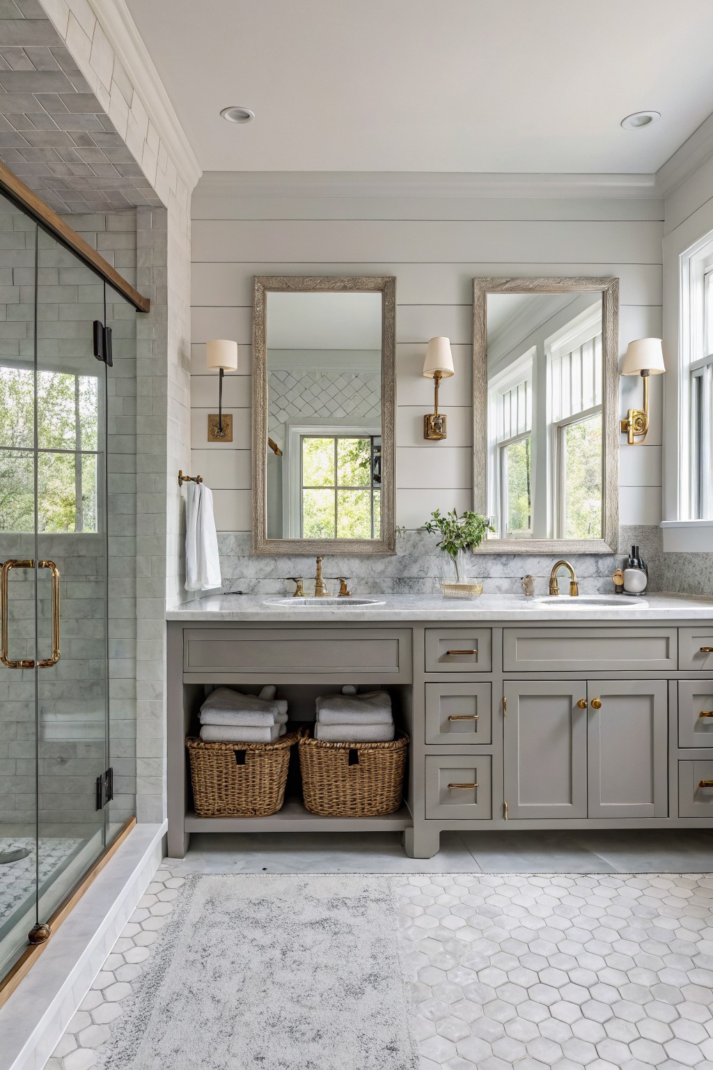 A bathroom with soft gray walls and a double vanity.