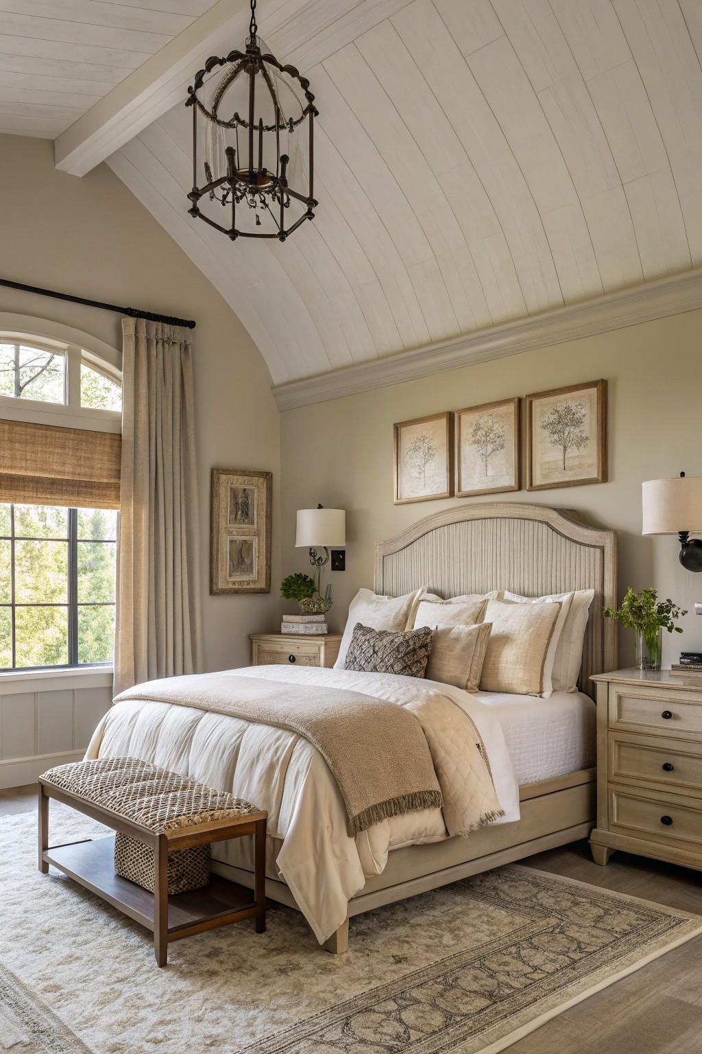 Light greige walls in a bedroom with white trim and wood furniture.