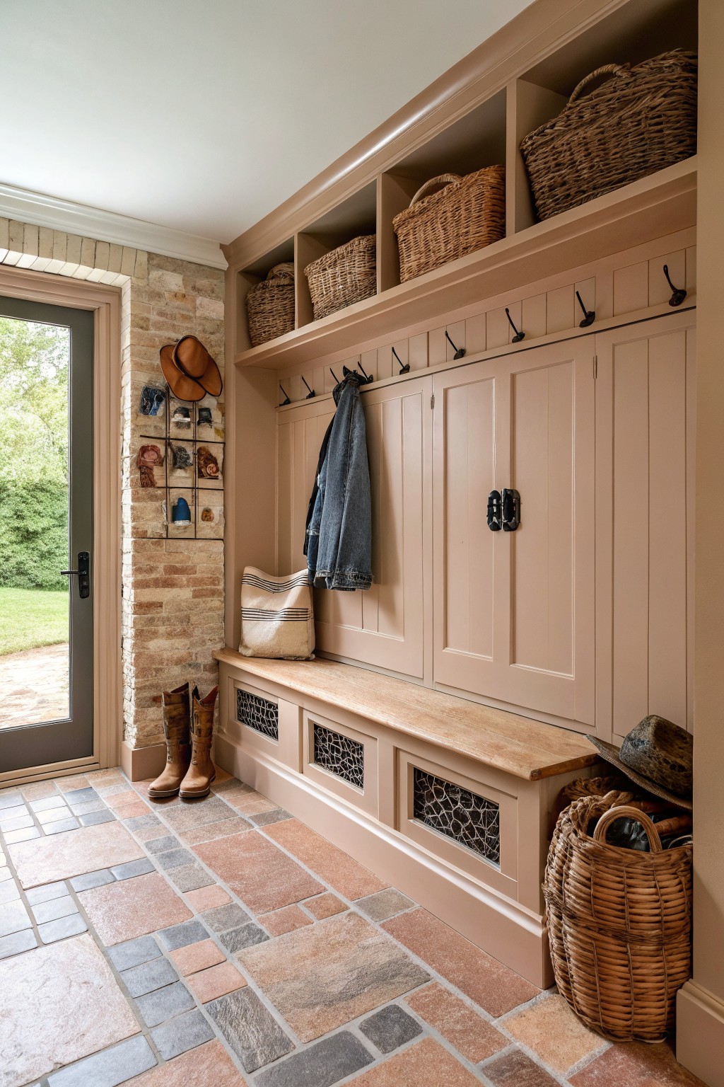 A mudroom with soft greige painted built-in cabinets and bench.