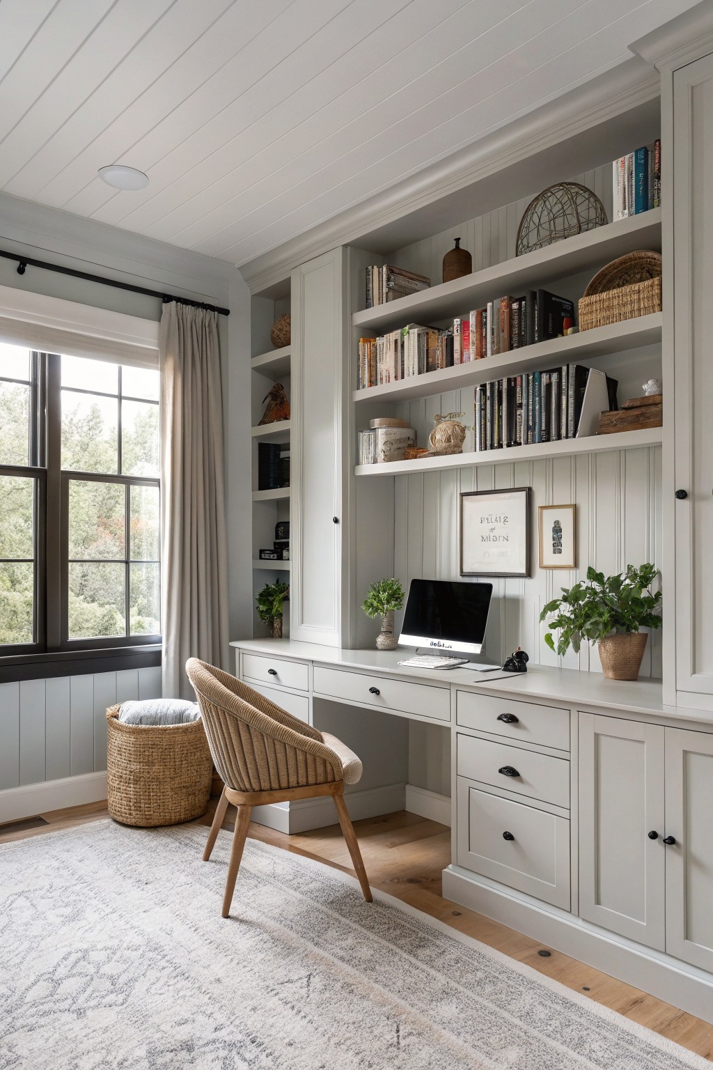 Built-in cabinetry and desk painted in a soft light greige.