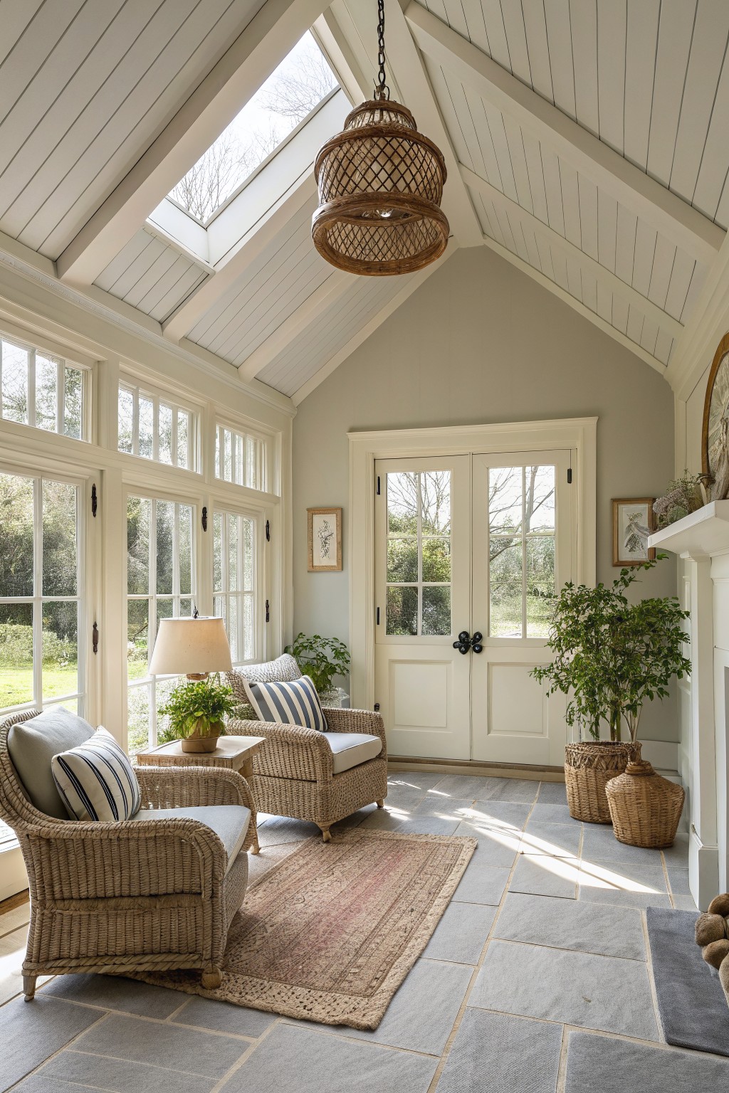 Sunroom interior with soft greige walls and white trim.