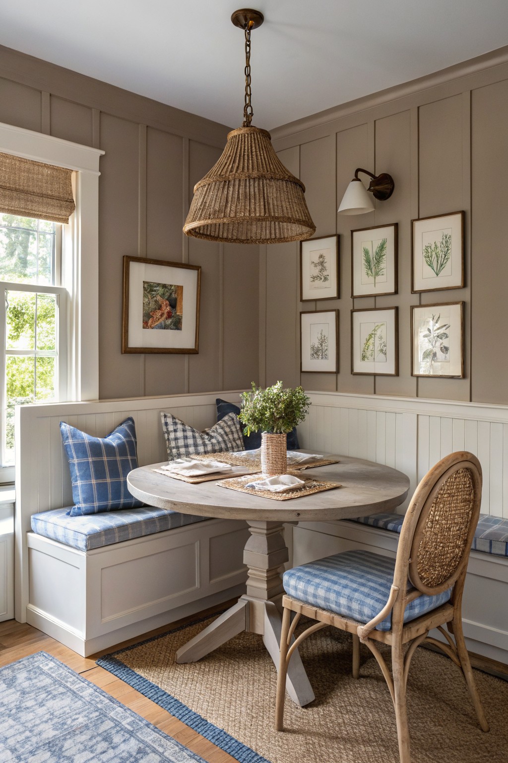 Soft greige walls surround a round table and built-in bench in a farmhouse dining nook.