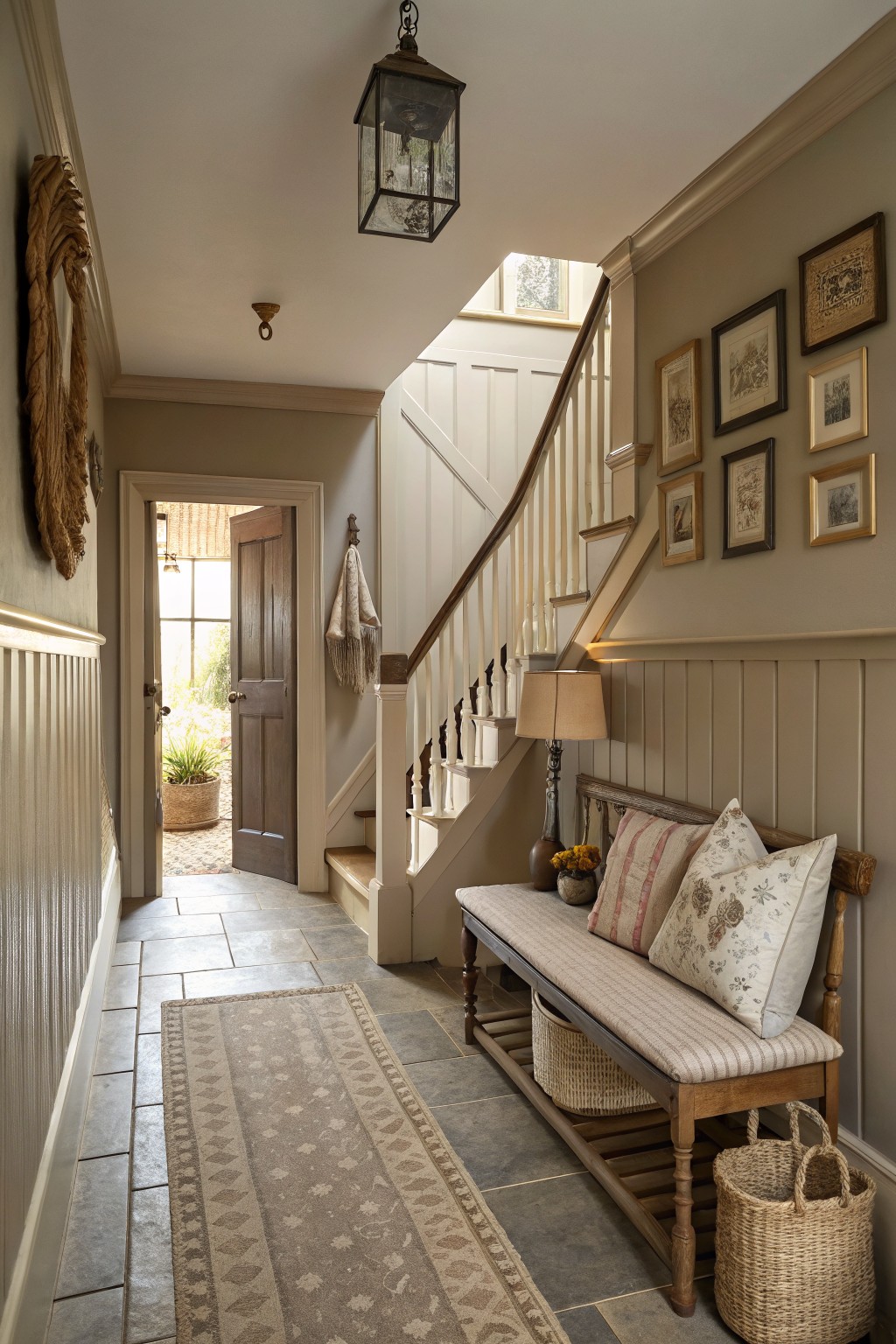 Soft greige walls in a farmhouse entryway with a wooden staircase and bench.