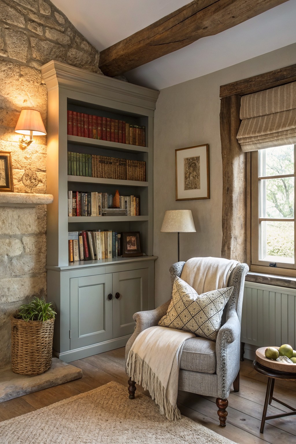 A built-in bookcase painted soft sage gray beside a stone wall in a farmhouse interior.
