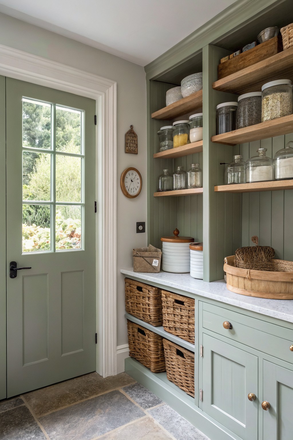 Sage green built-in shelves and cabinets in a farmhouse entryway.