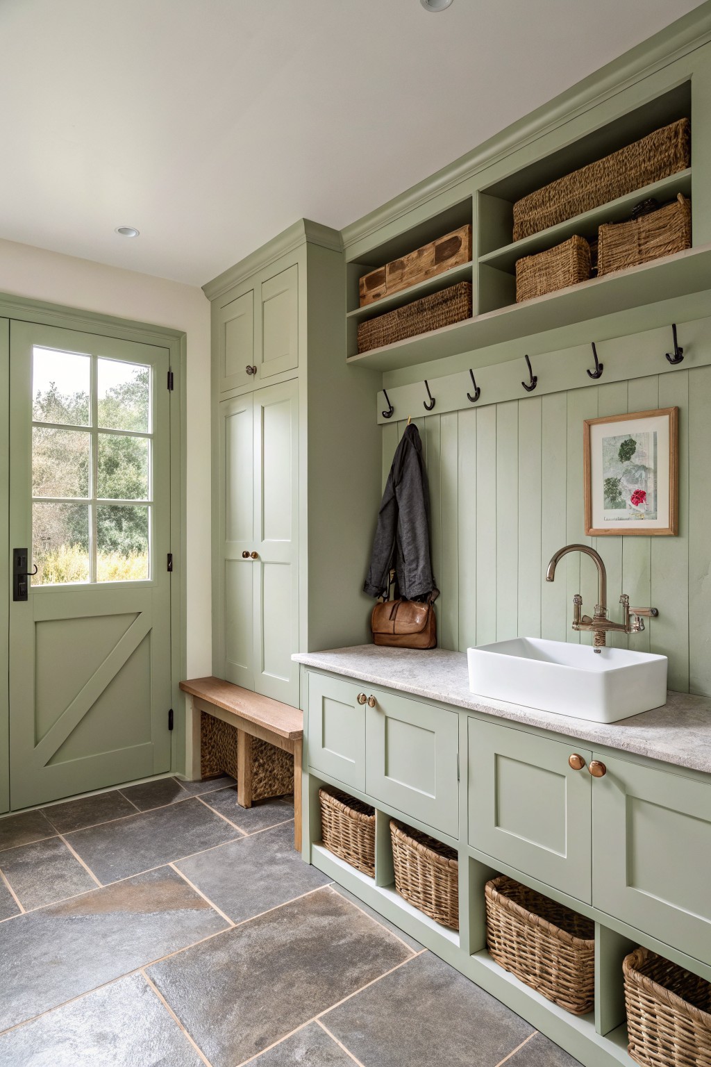 Sage green cabinetry and paneling in a farmhouse mudroom with open shelving and a utility sink.
