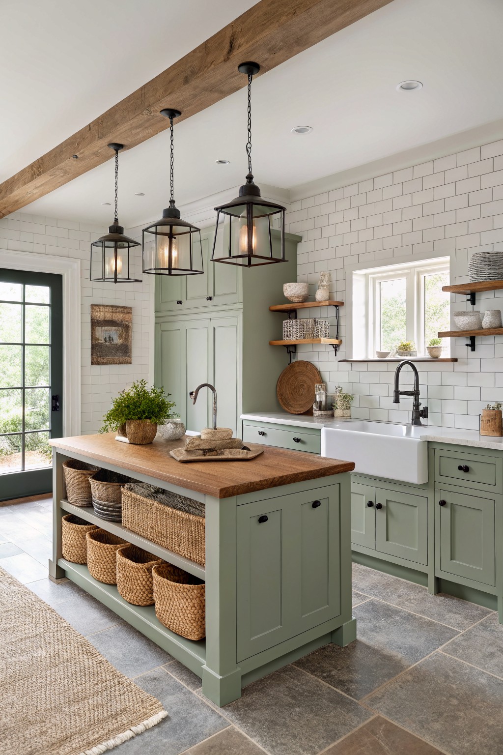 Sage green kitchen cabinets paired with a wood-topped island and white subway tile.