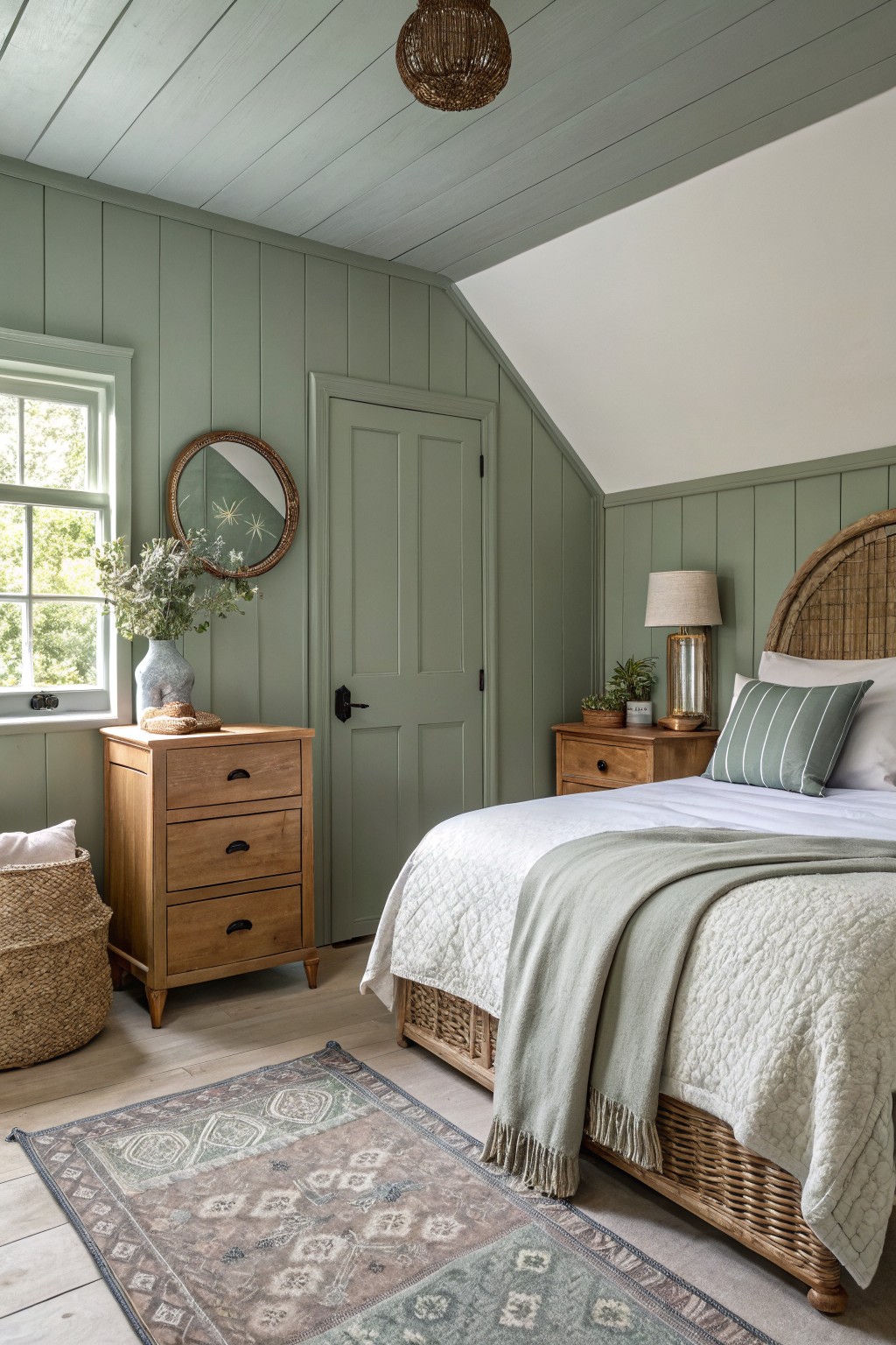 Sage green paneled walls in a bedroom with wood furniture and white bedding.