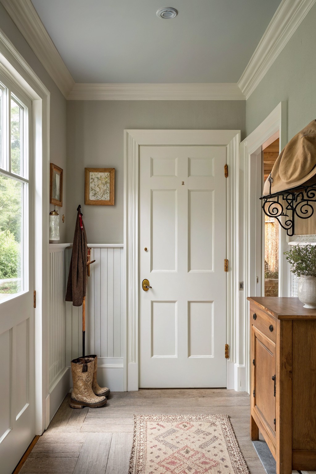 Soft sage green walls in a farmhouse entry with white trim and wood flooring.
