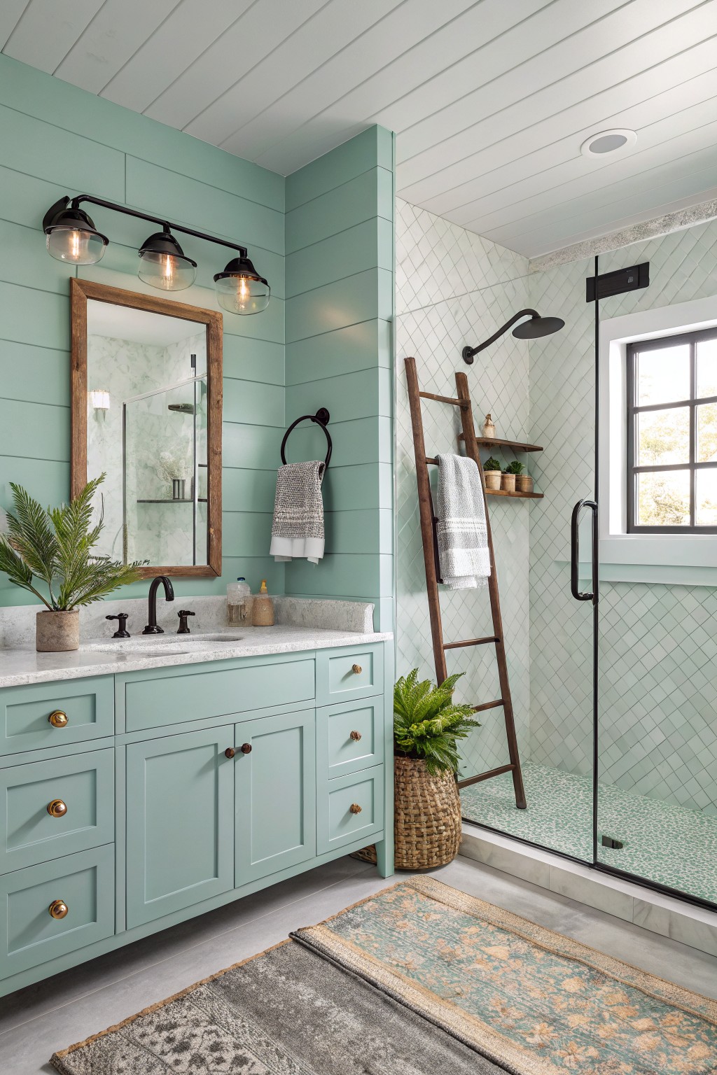 Mint green bathroom with marble vanity, wooden ladder, and glass shower.
