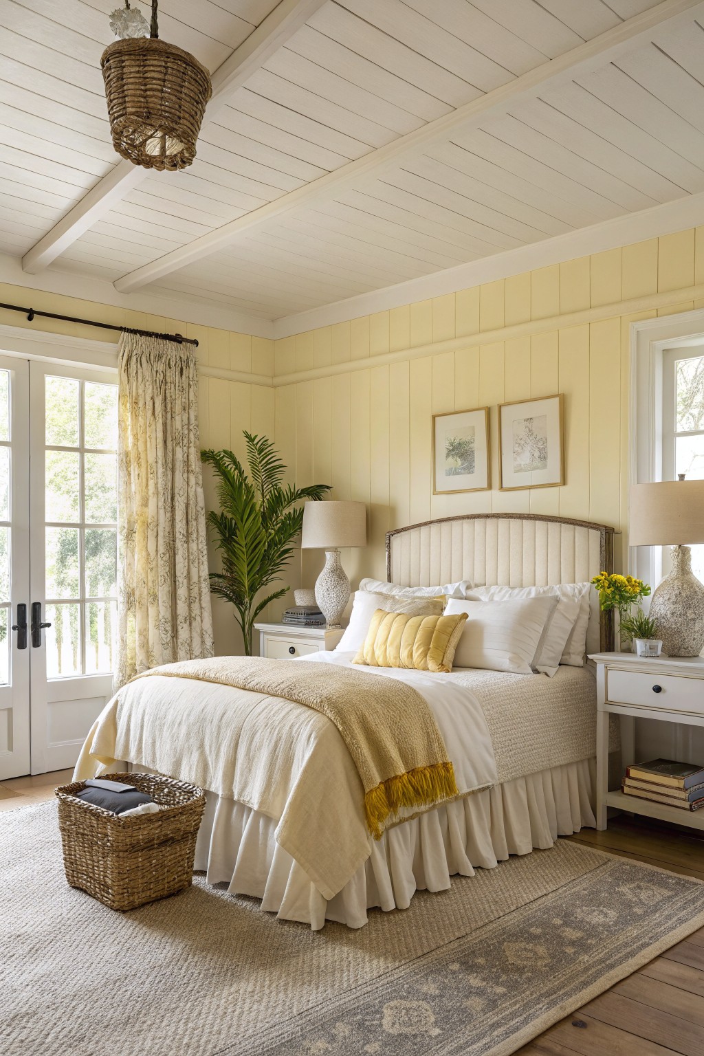 A bedroom with soft yellow walls and simple white bedding in a farmhouse style.